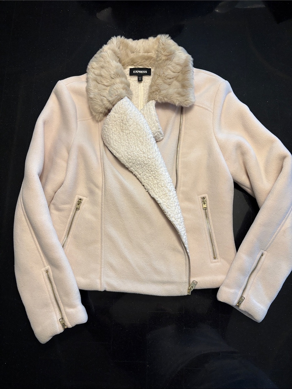 Express Cream Teddy Jacket with Faux Fur Collar